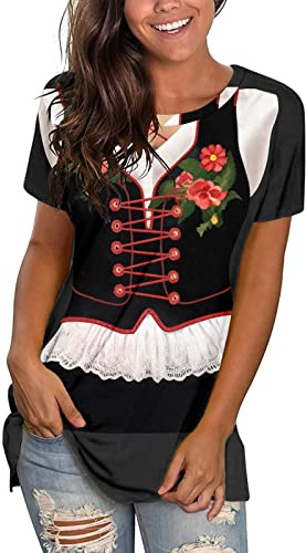 Damen Oktoberfest T-Shirt Trachtenshirt, Lustige Druck Oktoberfest-Oberteile Outfit, Rundhals Kurzarm Tshirt Tops Tunika Bluse Druck Karneval Cosplay, Trachtenmode Oktoberfest Kostüm (1-Black a, XL)