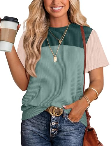 Womens Tops Dressy Casual Trendy Ladies Tops and Blouses Color Block Ribbed Green Hawaiian Shirts Going Out Work Cute Tops for Women Crewneck Womens Spring Outfits Fashion Clothing 2026