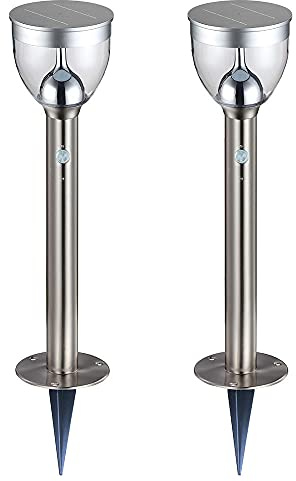 GLOBO Solar Gartenleuchte Bewegungsmelder Wegleuchte Außen Solar Gartenlampen mit Bewegungsmelder, 2 Stufen Erdspieß, 20x LED 0,2 Watt, DxH 15 x 55 cm, 2er Set