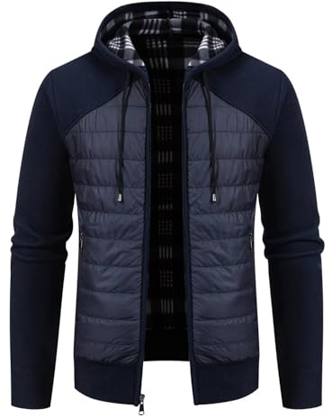 Jinsha Uomo Cardigan Lavorato Maglia Maglione - Classico Fashion con Cappuccio con Cerniera Grossa Caldo Foderato in Pile Autunno Primavera Invernale Maglione Giacca Uomo Grigio Blu M
