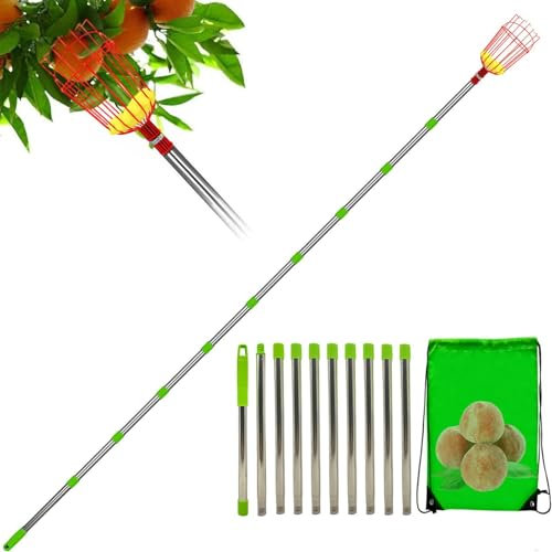 per la raccolta di frutta con cestello – telescopico in acciaio inox leggero e portatile | Strumento di raccolta frutta rimovibile antiruggine per prugna, pera, limone, albicocca, ideale p