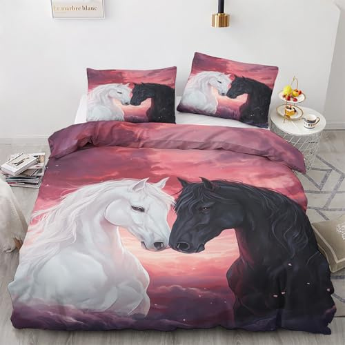 Housse de Couette 160x200 Cheval - Decoration Cheval, Parure de Lit 1 Personne Imprimée Chevaux Noir et Blanc, Linge de Lit en Microfibre Douce avec Fermeture éclair, 1 Taie d'oreiller 65x65 cm Z*&63