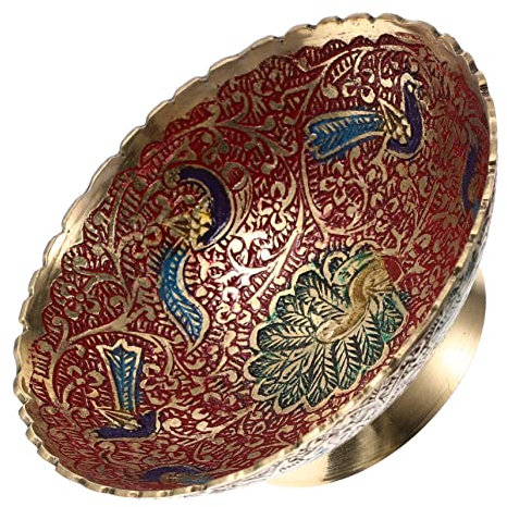 Cabilock Buddhist Offering Plate Brass Pedestal Bowl Hand-Painted Red Buddhist Supplies Temple Fruit Tray Snack Dessert Plate for Religious Offering