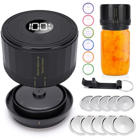MEKOTRIN Macchina Sottovuoto per Barattoli Vetro, Jar Secoum Sealing Machine con 10 Coperchi, Sigilla Automatica di Arresto con Display a LED, Conservazione e Fermentazione degli Alimenti