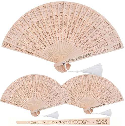 50Pcs Custom Hand Fans Personalized Wooden Wedding Fans for Guests Bulk Wedding Party Favors with Tissue Yarn Bags Folding Hand Fan for Wedding Graduation Party Favor (50)