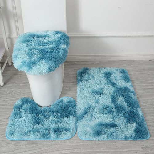 Générique Tapis de Bain 3 Pièces en Microfibre Ultra Douce – Antidérapant, Absorbant, Lavable en Machine, Tapis Contour WC et Housse de Couvercle de Toilette (Bleu dégradé)