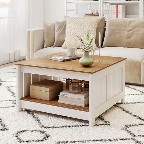 GOPLUS Table Basse Carré 2 Niveaux avec Rangement, Table Basse Salon Carrée avec Étagère Inférieure Ouverte, avec Plateau en Grain de Bois Élégant, pour Salon,Charge 90+50KG (Blanc Bande,80x45CM)