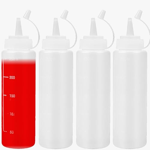 4 Pack Squeeze Bottle - 8oz / 250ML Plastic Squeezy Sauce Bottles with Cap, Squeeze Condiment Bottle Dispensing Ketchup Bottle for Sauce for Ketchup, BBQ, Sauces, Syrup, Dressings