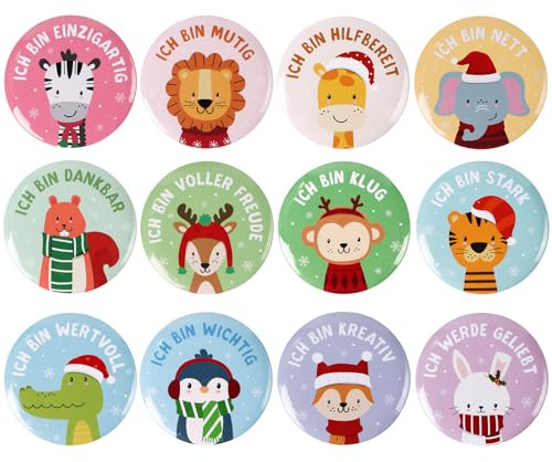 MEJOSER 12 Stück Buttons Anstecker Kinder Weihnachten Tiere Sprüche auf Deutsch Weihnachtsgeschenke Adventskalender Füllung 2025 für Kinder Schule Motivationsgeschenk Mädchen Junge Mitgebsel