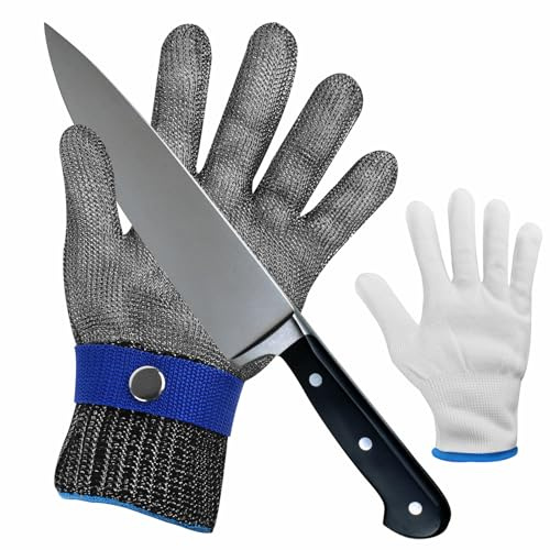 Funnytek Cut Resistant Gloves, 1PC Protection A9 Stainless Steel Mesh Cut Proof Gloves Safety Work Mesh Metal Anti Protectionwith 1 Cotton Gloves for Kitchen Butcher, Oyster Shucking, Mandolin