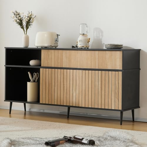 Aparador con 2 puertas correderas, cómoda con diseño de rayas, aparador con 2 cajones y patas, armario de salón para salón, comedor y pasillo, estilo rústico, negro y natural, 160 x 40 x 80 cm