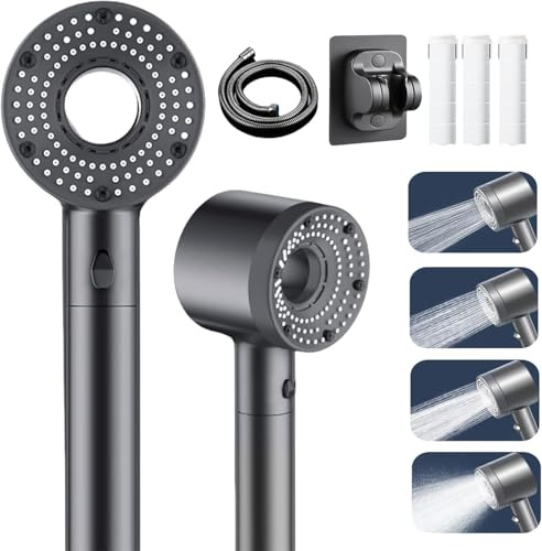 Hard Water Filter Shower Head and Hose with PP Filter and Holder, 5 Spray Jet Modes High Pressure Bathroom Shower Head, Filtered Showerhead Remove Chlorine, Handheld Showerhead with ON/Off Switch
