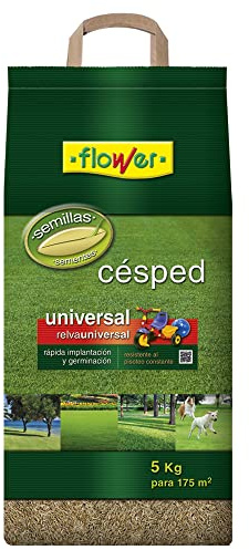 Flower - Semillas Césped Universal 5 kg | Rápida Germinación | Cobertura hasta 175 m2 | Tolerante al Pisoteo y Sombra | Adaptable Climas Medios, 25x14.5x54 cm, Semilla
