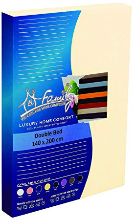 Deep Fitted Sheets Double Bed Cream | Jersey Cotton European Double Fitted Sheet | Cream Bedding Double 4 Way Stretch Fitted Sheet - Shrinkage and Fade Resistant. 140x200cm.