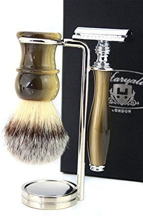 Vintage Style Luxury Shaving Gift Set for Men (Synthetic Hair Brush Horn Handle,3 Different Type of Razor to Choose Horn Handle & Stainless Steel(Chrome) Holder. (De Safety Razor)