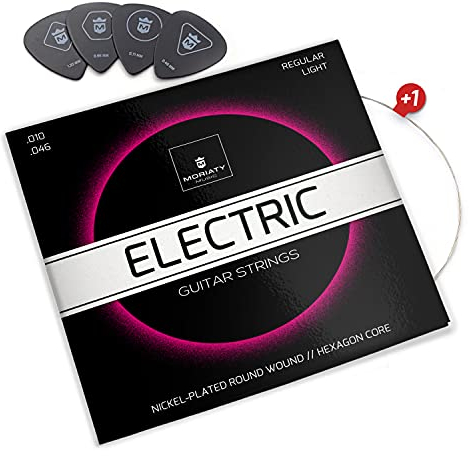 MORIATY® E-Gitarren-Saiten - Premium Stahl-Nickel E-Gitarren Saiten (7 Saiten-Set) | INKLUSIVE: 4 Plektren + Extra hohe E-Saite