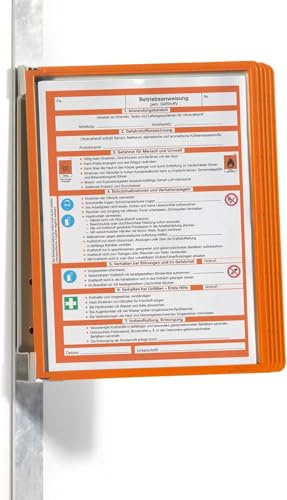 Durable Sichttafelwandhalter (Vario Magnet Wall 5, mit 5 Sichttafeln A4) orange, 591409 | Magnetischer Wandhalter mit 5 Sherpa Sichttafeln A4, ideal f!r Regale und Maschinen, Metallr!cken grau