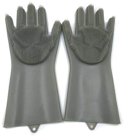 Silicone Dish Scrubber Gloves Reusable Heat Resistant for Dish Washing Cleaning Kitchen Bathroom Car Washing Large Non-Latex Sponge Gloves in Trendy Colors (Black)