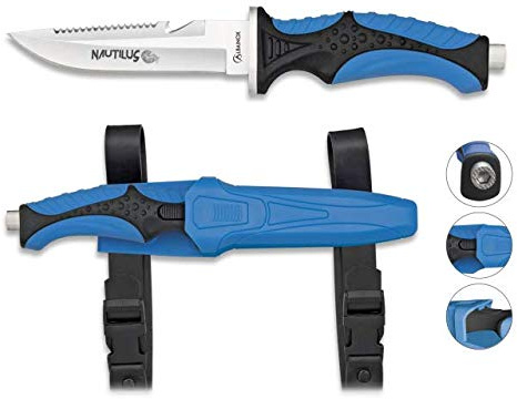 Cuchillo Submarinismo y Actividades acuaticas NAUTILUS azul 11,5 cm Buceo,Caza, Pesca, Camping, Outdoor, Supervivencia y Bushcraft Albainox 32352 + Portabotellas de regalo