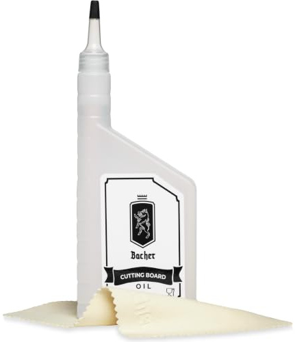 Bacher Schneidebrett-Öl - 200 ml - Mineralöl Lebensmittelecht, Holzöl | Made with UltraPure™ Mineral Oil | Hackblock, Arbeitsplatte, Bambus | Wird nie ranzig | Mit Chamois-Tuch