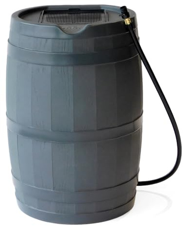 FCMP Outdoor 45 Gallon Heavy Duty Rain Water Catcher Barrel Container with Hose and Debris Screen for Outdoor Plants, Garden, and Landscapes (RC45-GRY) Grey