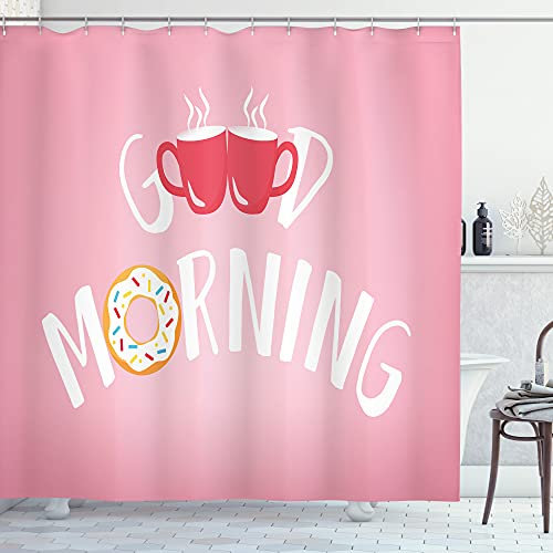 ABAKUHAUS Morgen Duschvorhang, Nachricht Entlang Kaffeetassen, Stoffliches Gewebe Badezimmerdekorationsset mit Haken, 175 x 180 cm, Baby Pink Dunkle Koralle