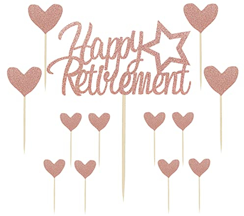 Siipoo Rose Gold Glitter Happy Retirement Cake Toppers with Heart Cupcake Toppers Retirement Theme Party Cake Decoration Supplies - Pack of 13