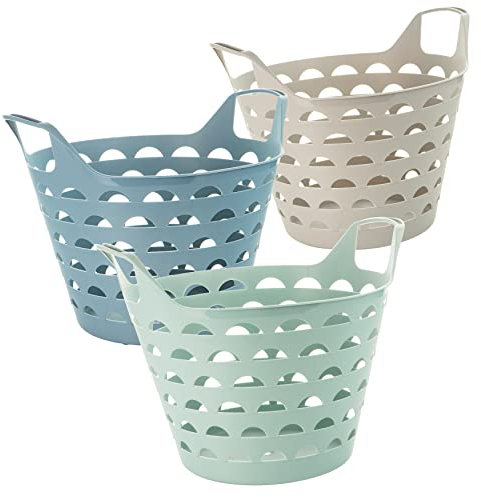 Wäschekorb Flexi, 3er Set, 31 x 40 x 34 cm (ca. 14 Liter), Wäschewanne mit Griffen, 3 Farbe: blau, grün, sand, Made in EU