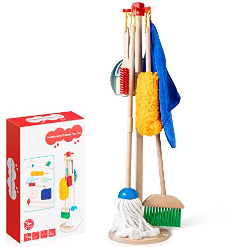 Wooden Kids Cleaning Set for Toddlers,8 Pieces Montessori Cleaning Toys with Kids Broom and Mop Set, Housework Pretend Play Toy Gift for Boys Girls Ages 3+