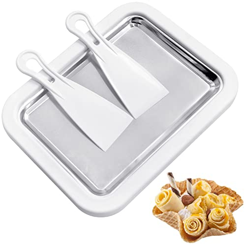 Instant Ice Cream Roll Maker, Uooker Aluminium Alloy DIY Roller Pan with 2 Scrapers, Kids Make Easy Rolls Cold Sweet Fried Food Plate for Homemade Rolled Frozen Yogurt Gelato, White
