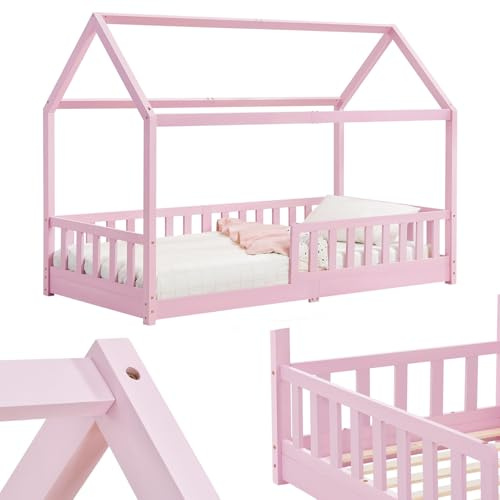 Juskys® Kinderbett Marli 90 x 200 cm mit Rausfallschutz, Lattenrost und Dach - Massivholz Hausbett für Kinder - Bett in Rosa