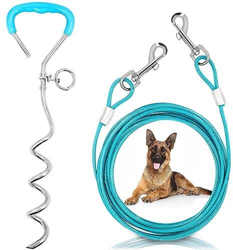 Supet - Cable y estaca para amarre de perros de hasta 57 kg, 10 / 5 / 3 m para exteriores, jardines y camping, estaca de 40,6 cm, cable de 10 / 5 / 3 m con ganchos de metal
