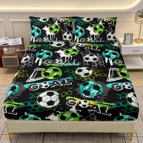 AILONEN Sports Theme Fitted Sheet Set for Child Boys Girls Queen Size 3Pcs, Soccer Ball Pattern Bed Sheet Set,Blue Green White Football Pattern Bedding Sets,1 Bedsheets + 2 Pillowcases