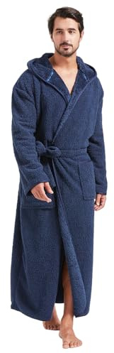 FashGudim 400 g plyschrock för män med huva i full längd vinter lång lyxig badrock med huva för män stor och lång, Marinblått Xsp, Large-X-Large Big Tall