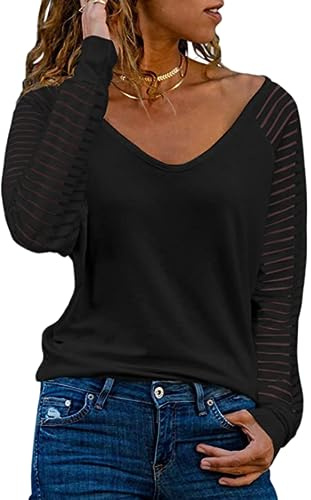 Top de mujer con escote transparente de manga larga con cuello en V camisetas casuales blusa de gran tamaño monocolor jersey elegante túnica parte superior (A-negro/M)