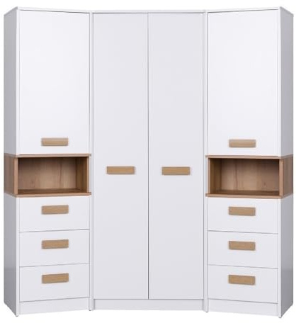 Design Möbel Eckkleiderschrank Set Gustavo - Mit 2 Regale Soft-Close - Holz Schrank Schlafzimmer Begehbarer Weiß Eiche Riviera 143x195x40cm