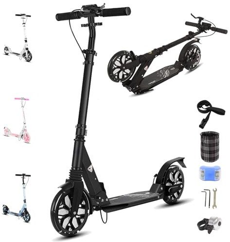 Big Wheel Scooter - Cityroller | Klappbarer City Roller für Kinder | Höhenverstellbar, Tretroller für Erwachsene | Roller Kinder 8 Jahre | LED Wheel | Kinderroller,Schwarz
