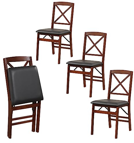 COSTWAY Padded Folding Chair Set of 2/4, Rubber Wood Counter Dining Chairs with Backrest, Upholstered Kitchen Office Conference Seats, 180kg Capacity (PVC Leather Seat, Cross Back, Brown+Black, 4)