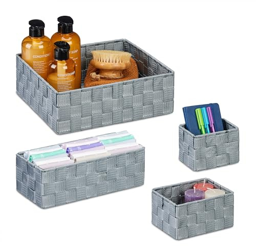 Relaxdays Aufbewahrungskorb 4er Set, Verschiedene Größen, Körbchen geflochten, Badezimmer, Dekokorb, Kunststoff, grau