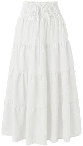 Adigaber Plisserad retro maxi kjol, 2 i 1 lång bohemisk, lös, ledig, flödande, casual kjol, till strandfest, magdans mm., Vit, one size