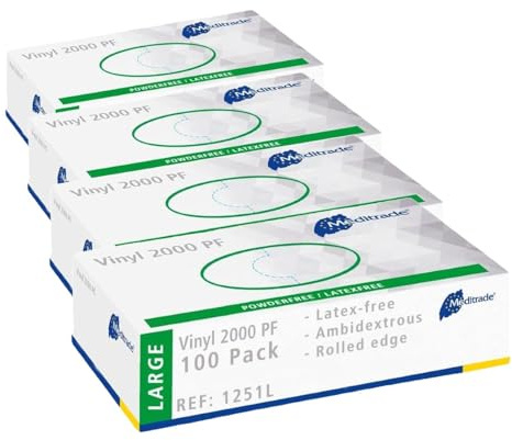 Meditrade Examination Gloves - Medium, Powderless, Hypoallergenic, Heavy Duty, Latex Free, Long Cuff, Ambidextrous, Disposable, for Any Sector, Bulk Buy (Clear) (Large) Vinyl 2000 PF (Pack of 4)