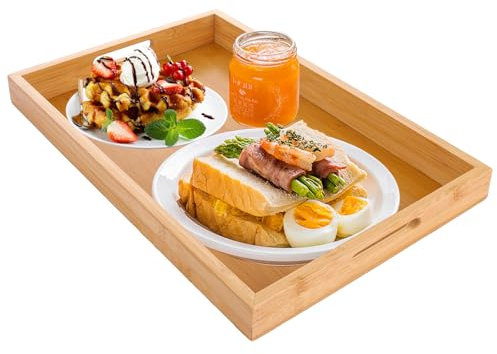 ASelected Serving Tray, Bamboo Trays with Handles Platter Rectangular Trays for Food, Tea, Coffee, Drinks, Breakfast, Lunch, Dinner, More 1 Large Bamboo Tray 38 x 25 x 4 Cm
