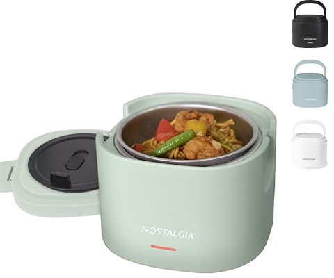Nostalgia Portable 20-Ounce Electric Heated Lunch Box – Travel Size 2.5 Cup Capacity for Soup, Chili, and Leftovers – Leak Proof Silicone Sealed Lid, Foldable Carry Handle, Detachable Cord – Sage