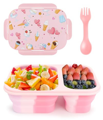 Huzbuz Scatola Bento per Bambini Pieghevole con Scomparti,Senza Bisfenolo A(BPA), Scatole per il Pranzo a Tema Gelato per Bambini Sono il Perfetto Regalo di Natale e di compleanno per i bambini(Rosa)