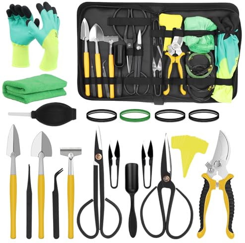 FOONNUN Set di Attrezzi da Giardino Kit Bonsai, 25 Pezzi con Linea Di Bonsai, Giardinaggio Forbici, Mini Shovel and Rake, Set Principianti, Con Guanti Da Giardi, Regalo per Uomo Donna