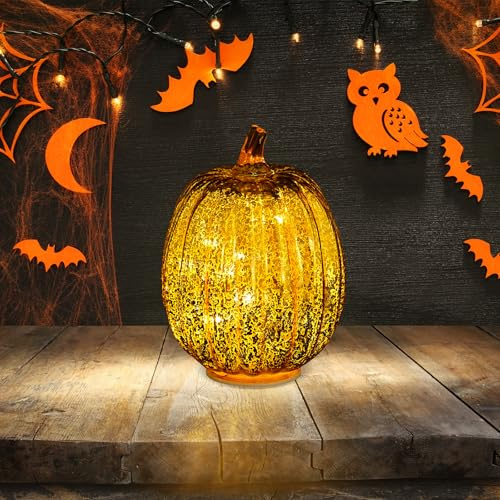 TRIXES Calabaza iluminada de Cristal Dorado - Decoración otoñal de Halloween