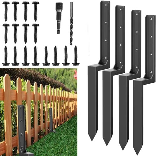 WUDLEP 4 Pack Fence Post Repair Stakes, Heavy Duty Fence Post Support Repair Kit, Black, Traditional Style Anchor Stakes