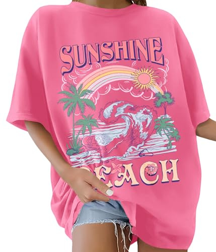 TOMEEK Tee Shirt Femme Col Rond Coton Oversize T-Shirt Été Manches Courtes Chic Grande Taille Vintage Motif Top Femme Sport Blouse Lâches Hauts(Rose Foncé,XXL)
