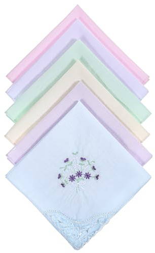 Ymapinc 6PCS Handkerchiefs Women, Ladies Handkerchiefs Cotton, Vintage Floral Embroidered, Butterfly Lace Hanky, 11x11 Inches (White, Pink, Yellow, Green, Blue, Purple)