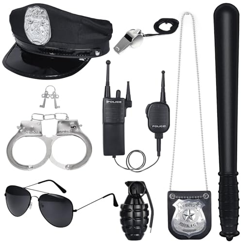 Spinosaurus 8Stück Polizei Zubehör Kinder Polizeimütze Schlagstock Marke Brille Handschellen Mit Schlüssel Pfeife Falsch Walkie Talkies Für Fasching Fbi Polizei Kostüm Accessoires